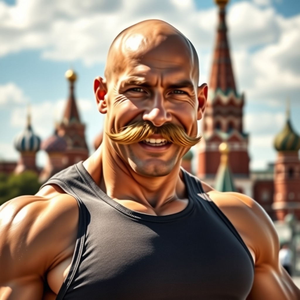 A realistic portrayal of a cheerful male bodybuilder from Russia, showcasing a bald head and a prominent big moustache, radiating confidence and friendliness