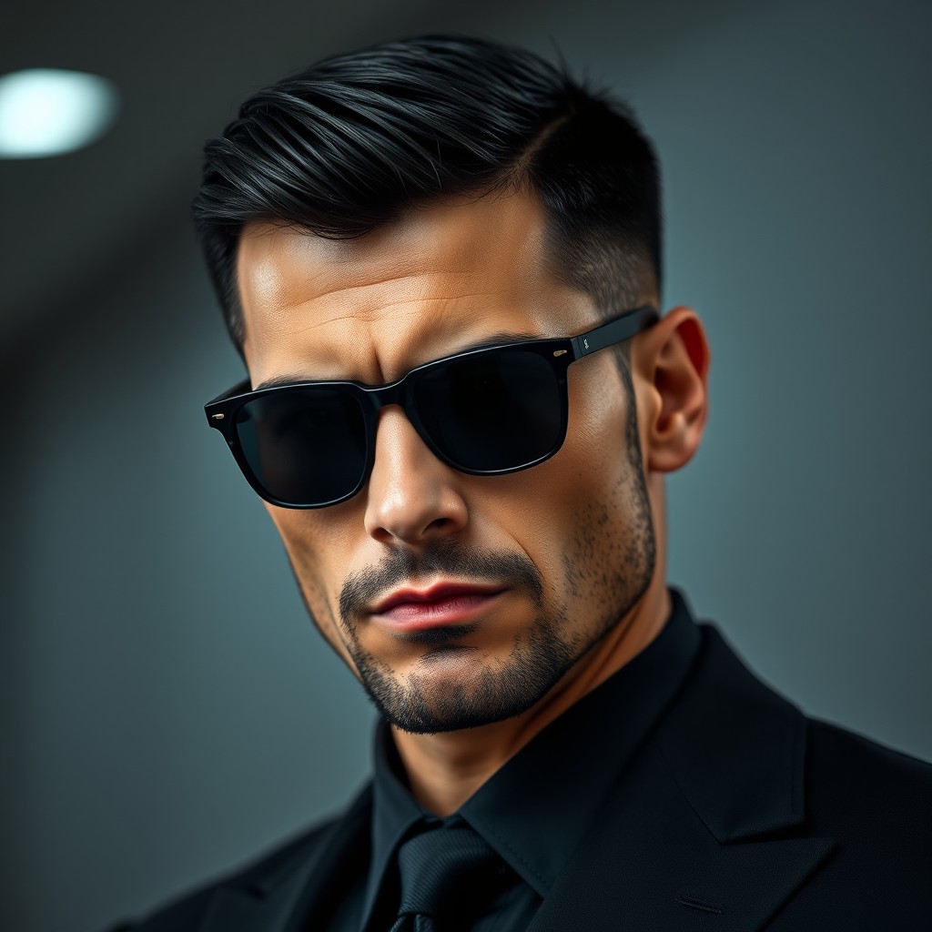 A portrait of a serious male figure characterized by short, neatly combed black hair and stylish sunglasses