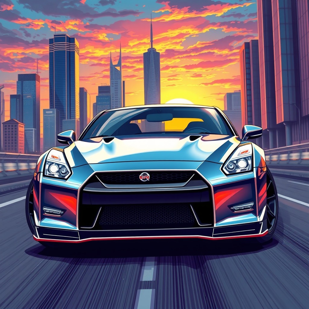 A highly detailed and realistic illustration of a Nissan GT-R, showcasing its sleek and aerodynamic design