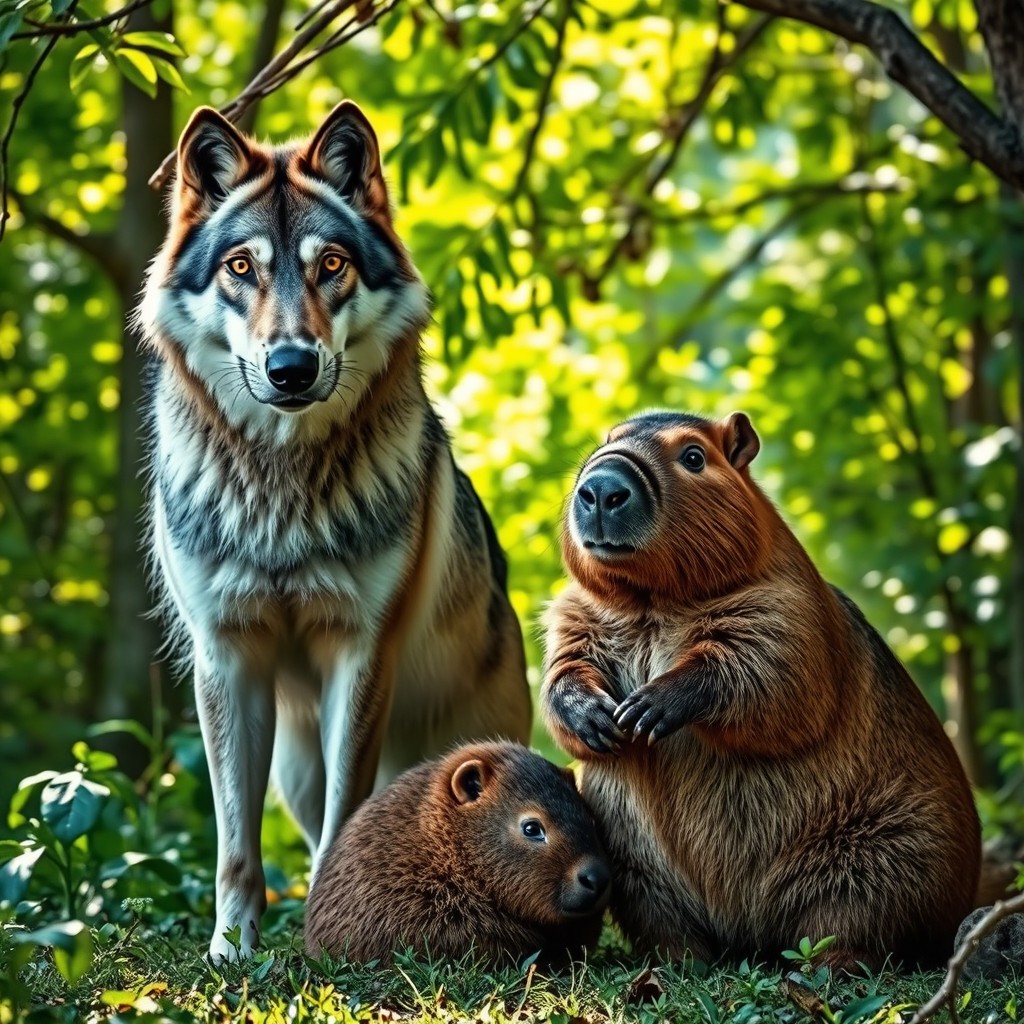 A striking scene featuring a majestic wolf standing beside a calm capybara, set in a lush green forest