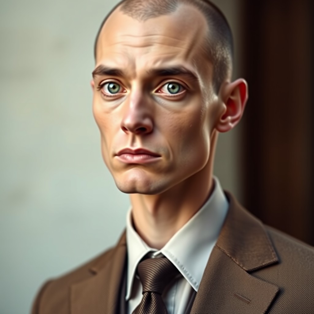 A portrait of a serious male figure characterized by a skinny build, receding hairline, and striking green eyes that convey intensity and focus