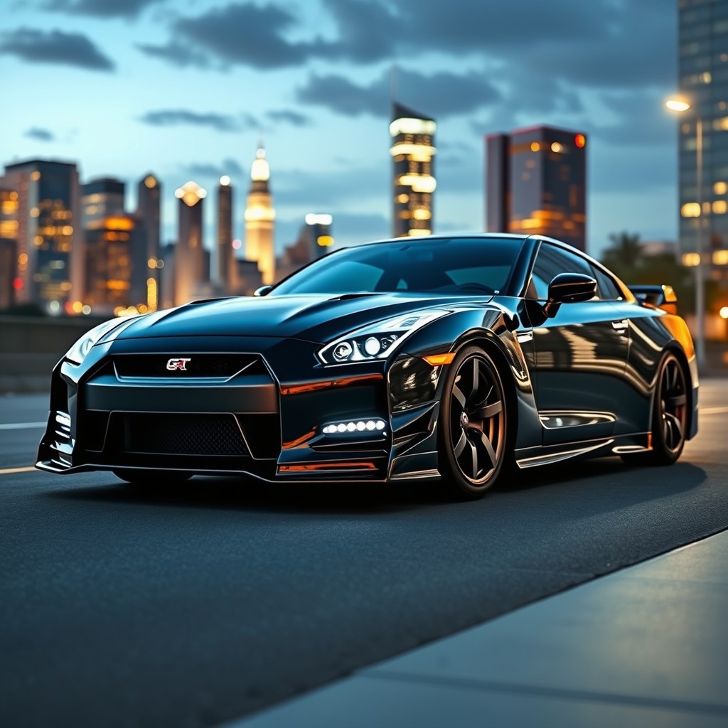 A hyper-realistic depiction of a Nissan GT-R in a striking Vantablack finish, showcasing its sleek lines and aerodynamic design