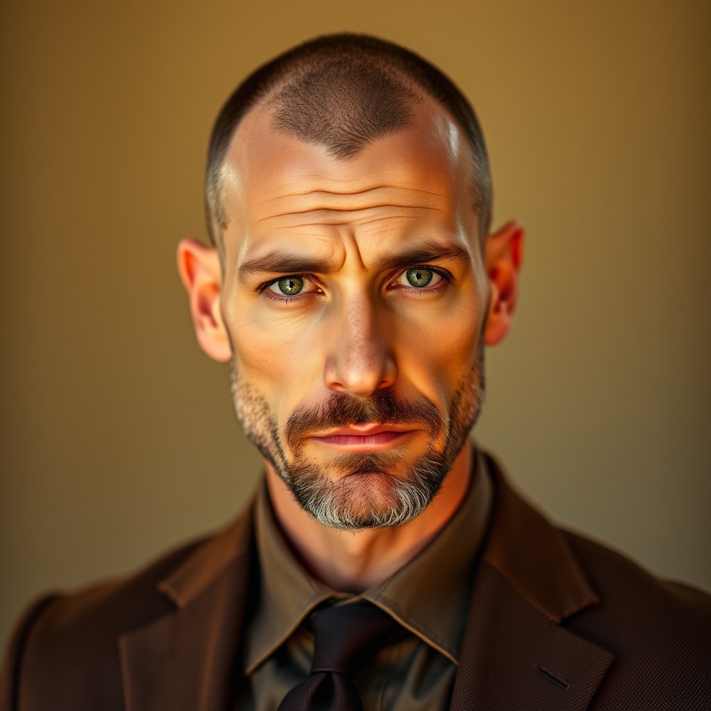 A mature male figure characterized by a skinny build, receding hairline, and a well-groomed beard