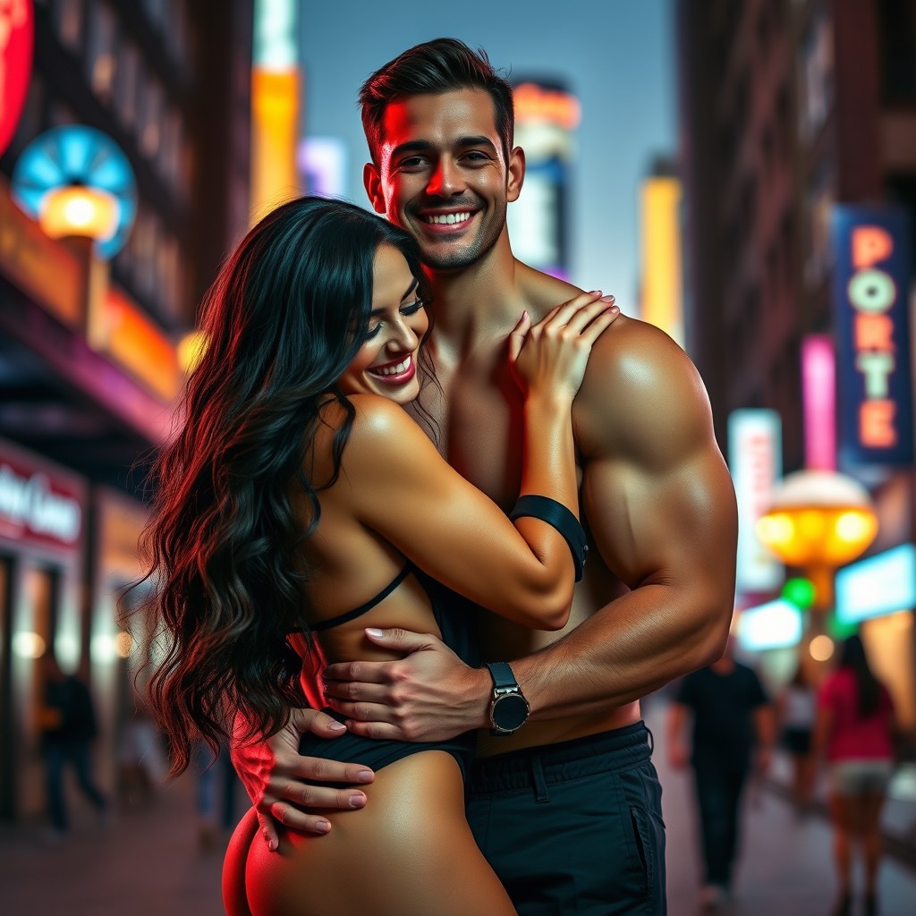 A stunning, attractive woman with long, wavy brunette hair, wearing a stylish and revealing outfit that highlights her curves, playfully embracing a tall, muscular man with short, dark hair and a charming smile