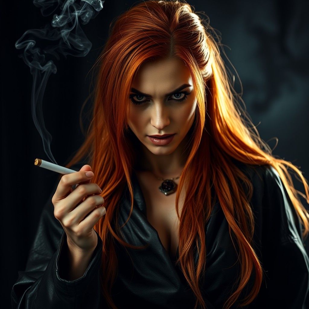 A mature female character compellingly portrayed with long, flowing orange hair that cascades down her shoulders
