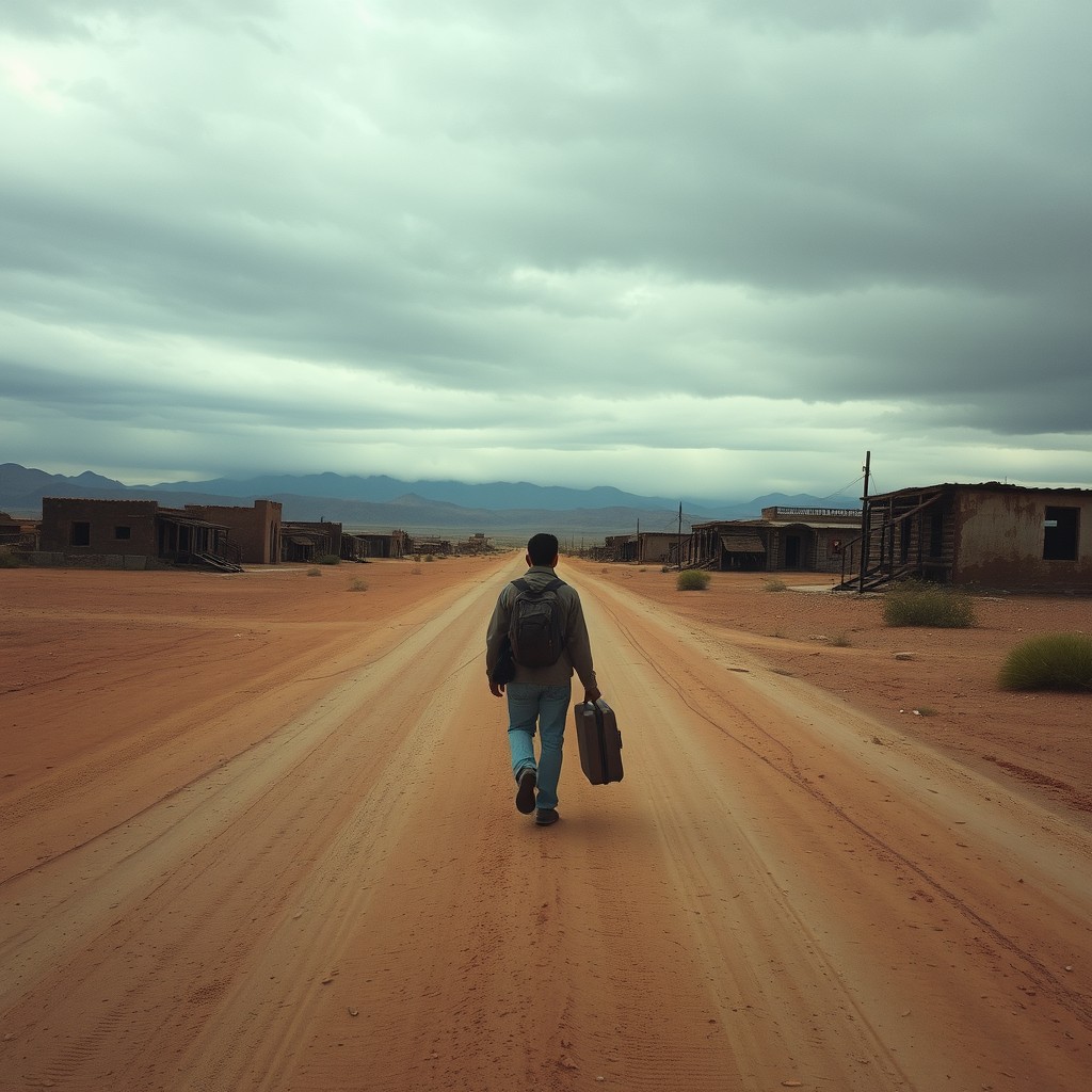Isaías walking along a solitary path, which could be a dusty road, a trail in the desert, or an abandoned village like Tekuetl 1, under an uncertain sky