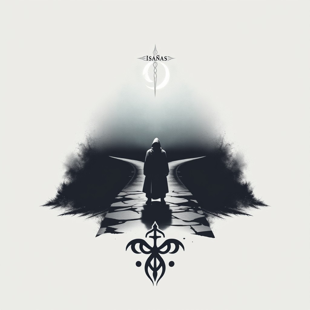 A design that combines various symbols from the story, featuring a figure of Isaías standing at a crossroads