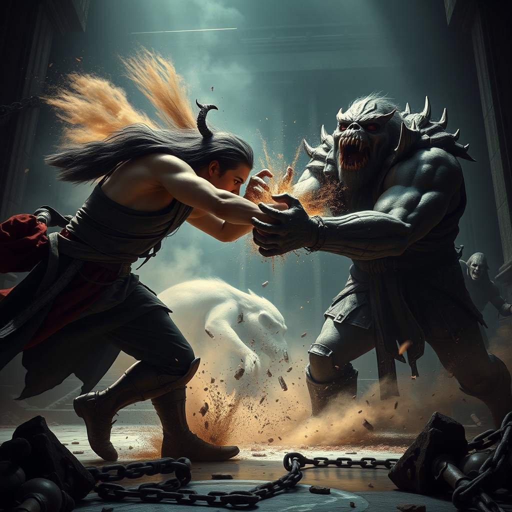 The main image could depict a dynamic clash between two figures: 'The Traveler', perhaps represented as physically smaller but with remarkable agility and determination, confronting 'Magnus', described with incredible strength and possibly a monstrous or deformed appearance, resembling a 'hog man' with a dark, shadowy gaze
