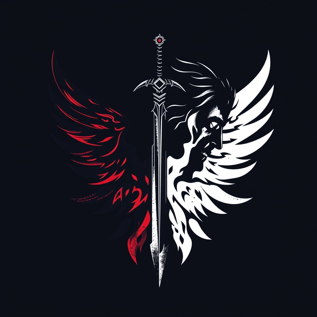 A more conceptual design representing the duality or fundamental conflict between the characters