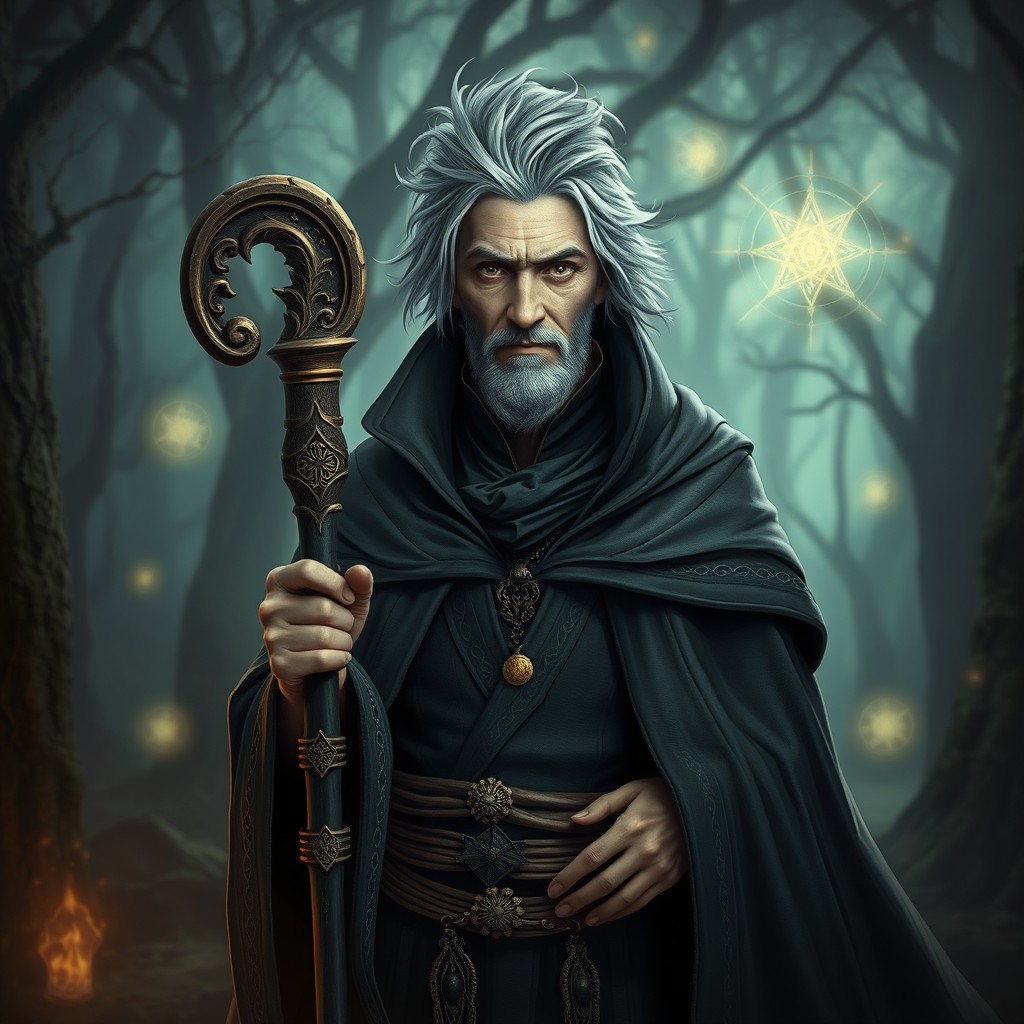 A Dampir magus with striking grey hair, wearing a mysterious cloak, confidently standing with a beautifully ornate cane