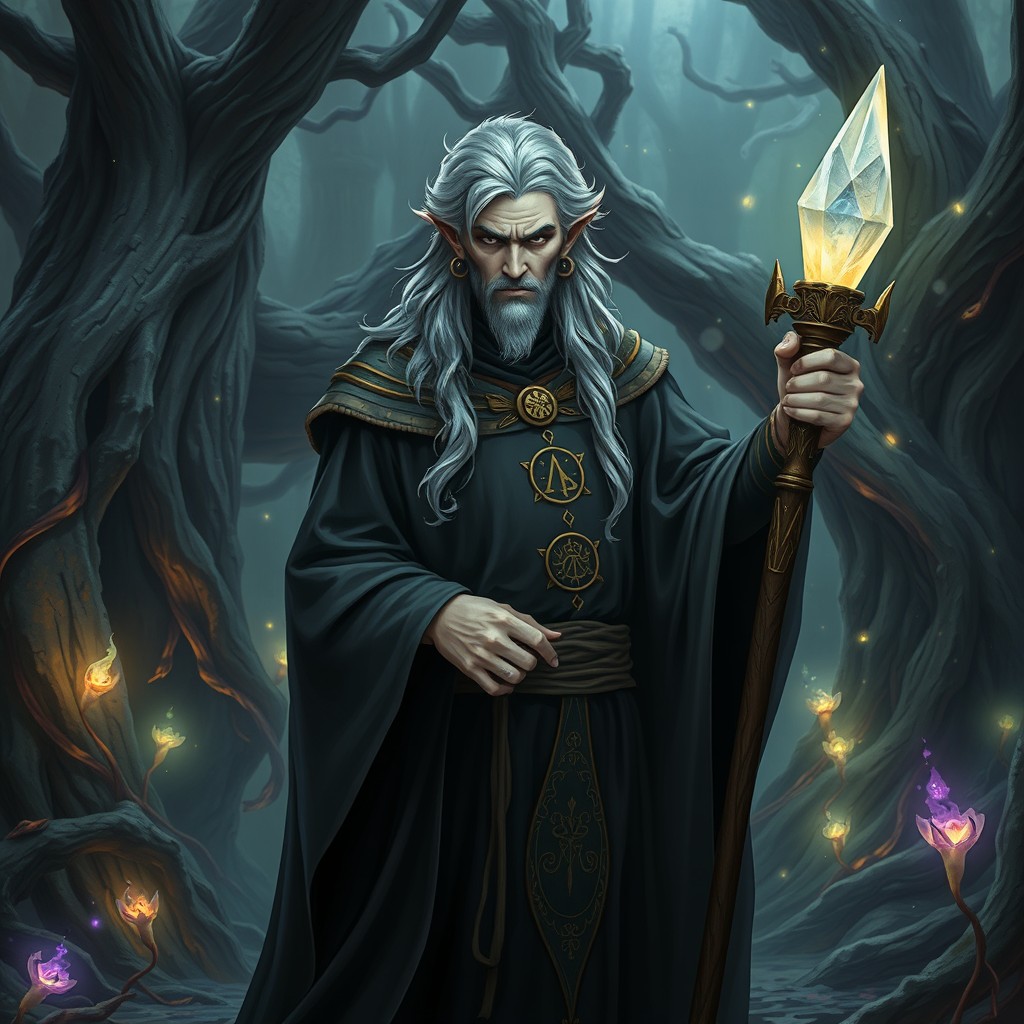 A dampir magus with stunning grey hair, wearing a flowing dark robe adorned with mystical symbols