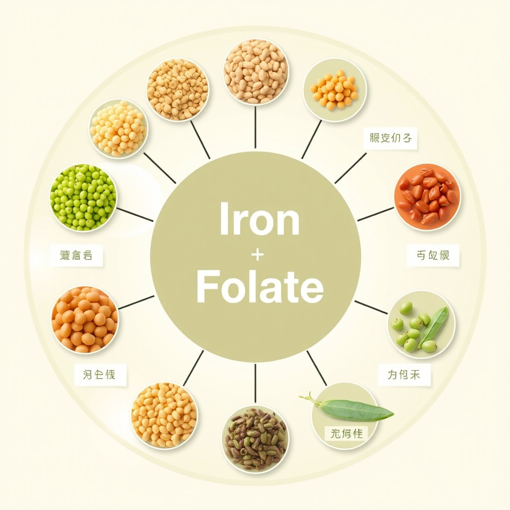 An educational graphic design focusing on legumes (بقوليات) with an emphasis on iron and folate in the center