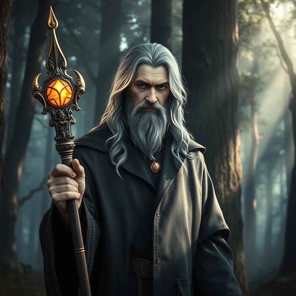 A dampir magus with striking grey hair holding an ornate staff, standing confidently in a mystical forest