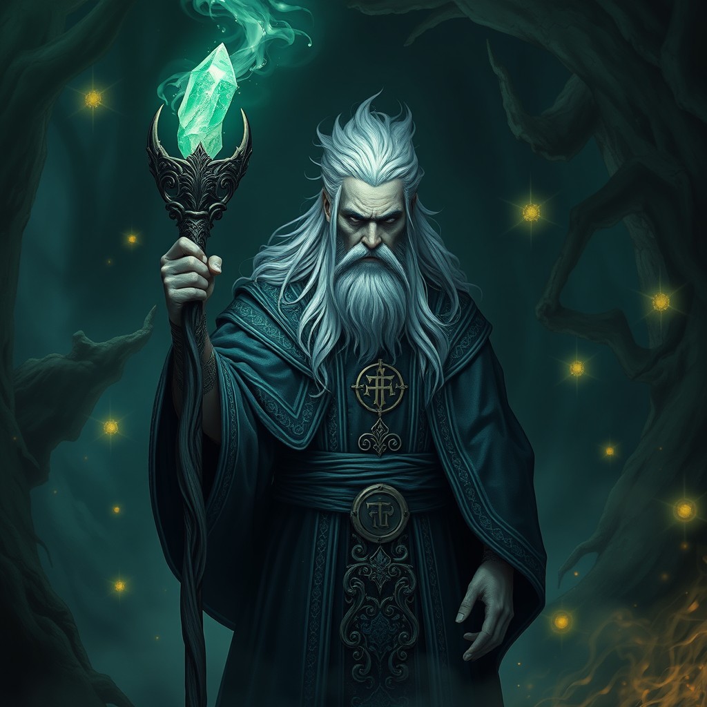 A dampir magus with striking grey hair, dressed in ornate robes adorned with mystical symbols