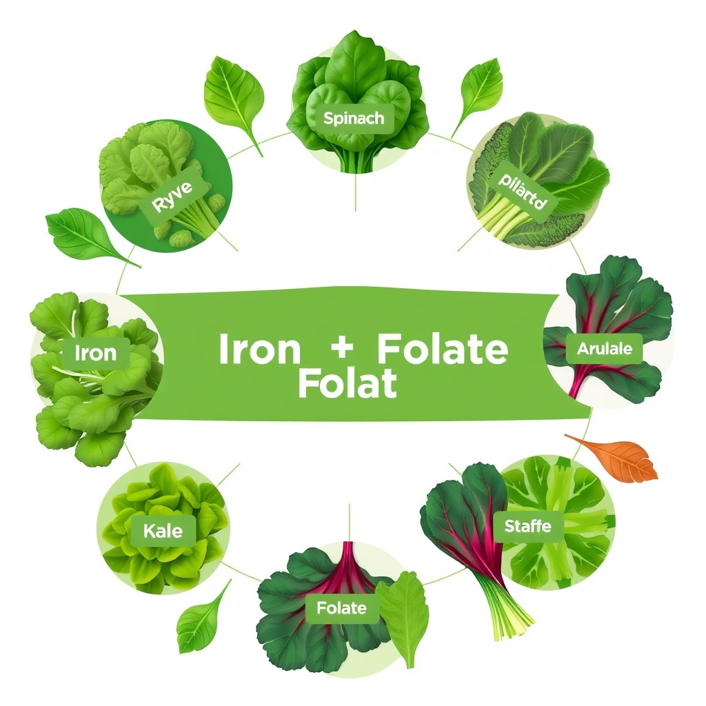 An educational graphic design featuring leafy greens (خضروات ورقية) with a focus on iron and folate in the center