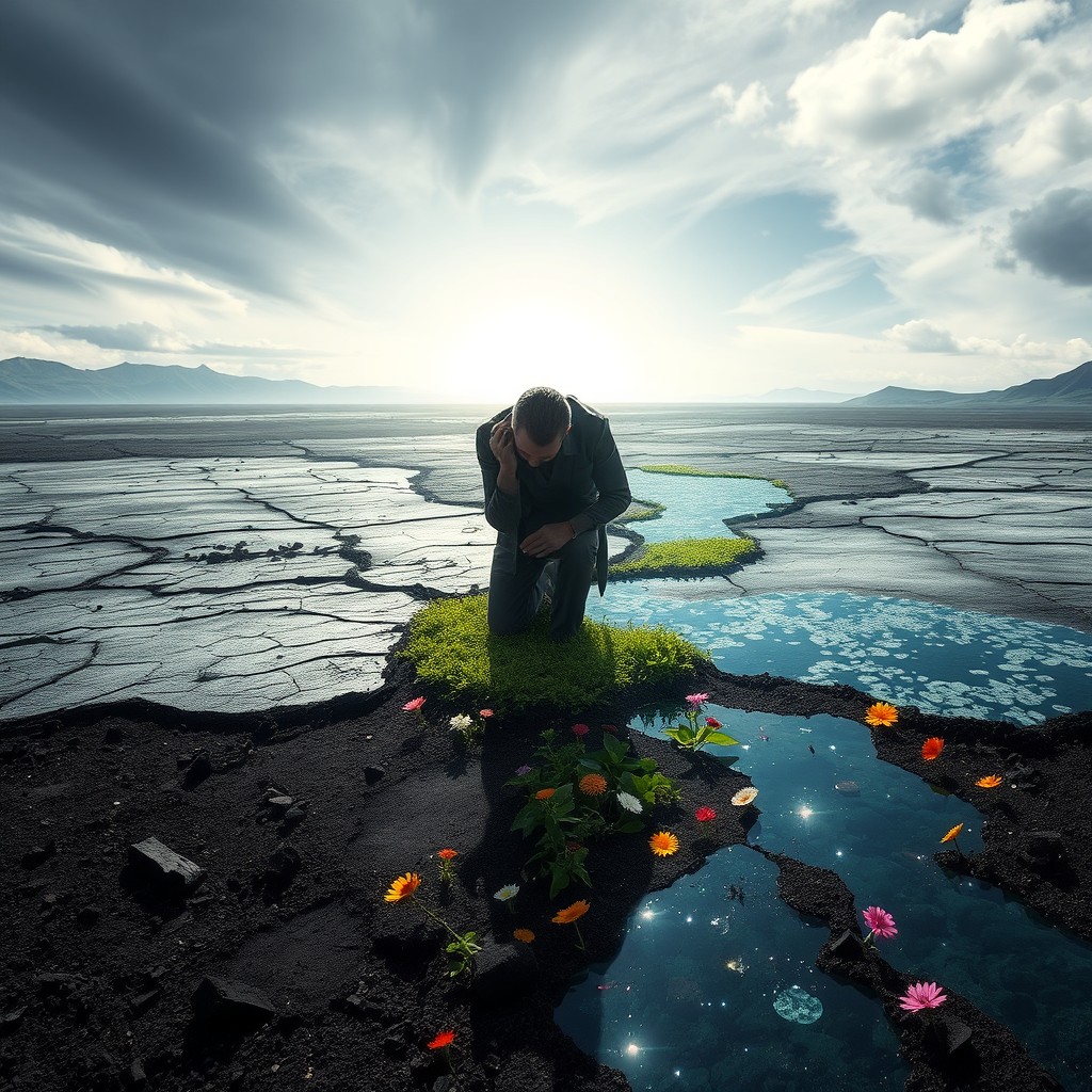 A striking contrast between a desolate landscape, reminiscent of a "dead world" with hints of flickering lights in the sky, juxtaposed with elements of new life emerging, such as lush green soil, vibrant flowers, and sparkling bodies of water