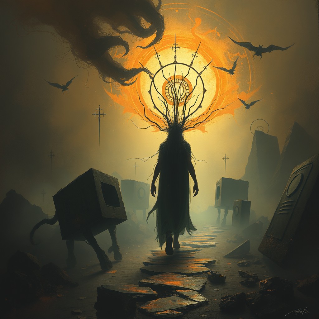 A representation of a being's search for divinity, depicted as a figure walking through an eerie or chaotic landscape, seeking "tombs" or "cages"