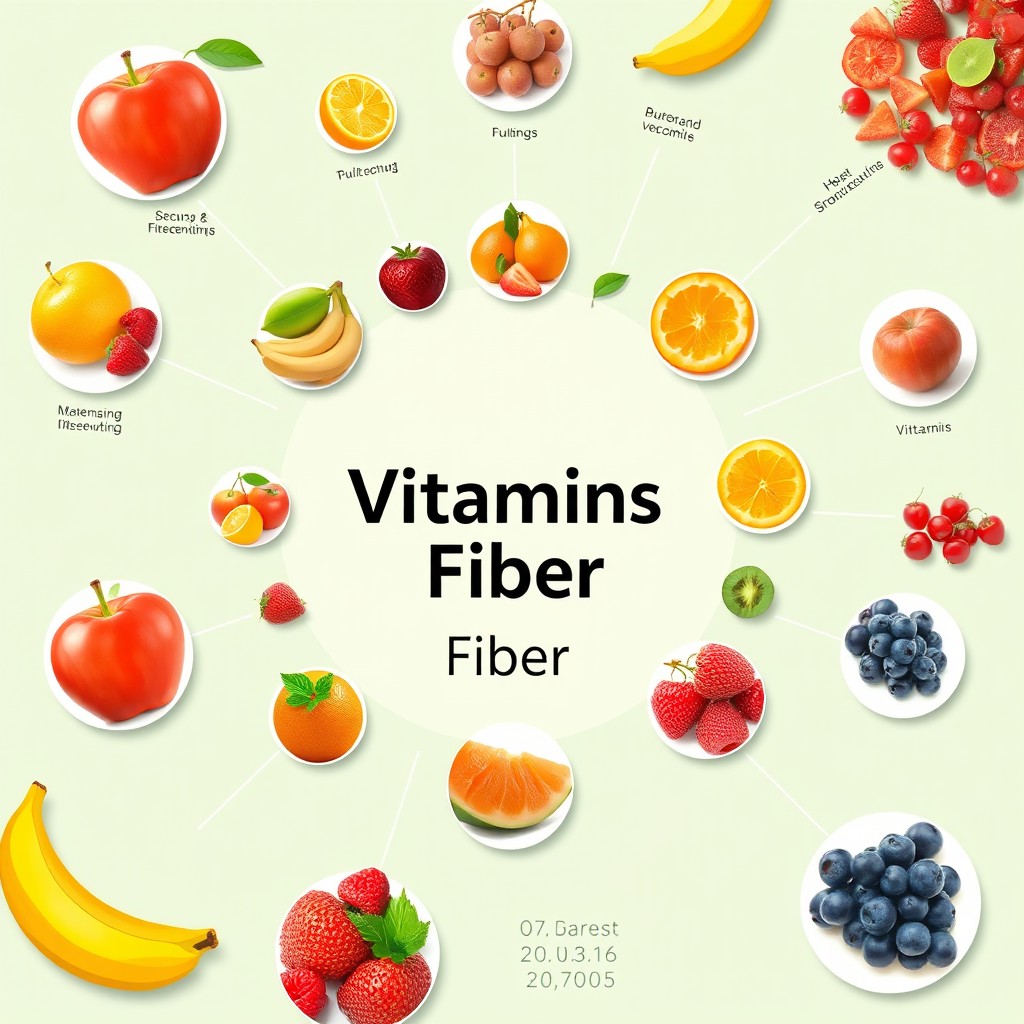 An educational graphic design centered around fruits (فواكه) with a focus on vitamins and fiber in the middle