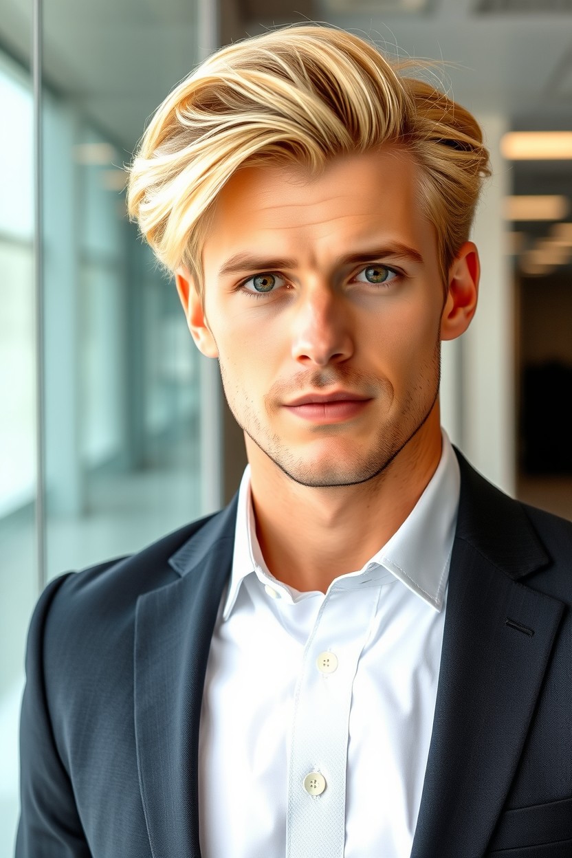 A man with stylish blond wavy hair and striking hazel eyes, dressed in a sharp, tailored business suit