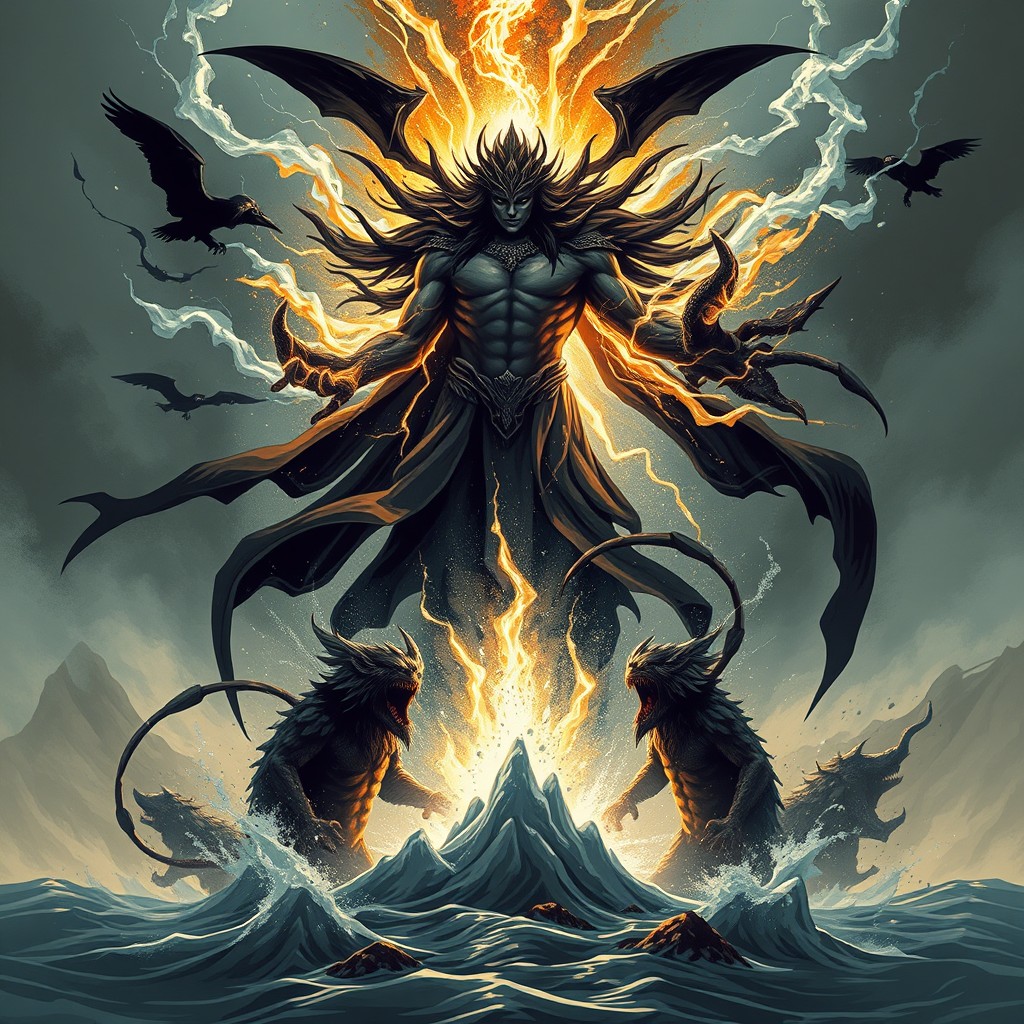 A dynamic design illustrating the manifestation of the being's power, showcasing the emergence of creatures