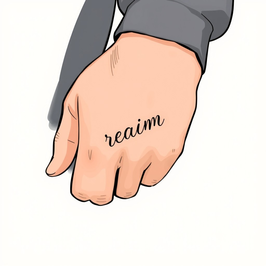 A close-up illustration of a young man's hand showcasing a tattoo with the word 'reaam' elegantly inked on the skin