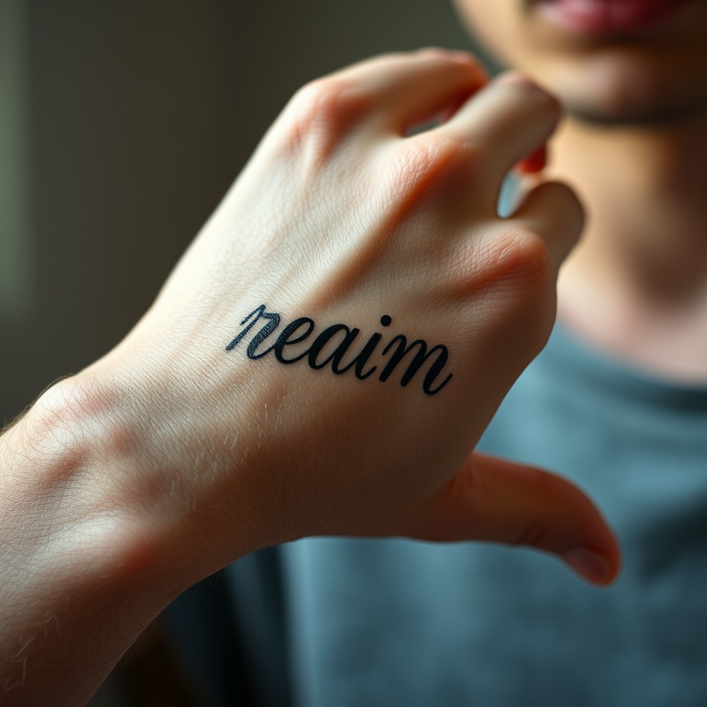 A highly realistic close-up of a young man's hand showcasing a tattoo with the word 'reaam' beautifully inked on the skin