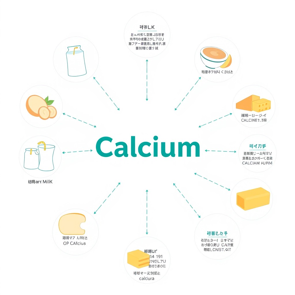An informative graphic design featuring dairy products (منتجات الألبان) with a central focus on calcium (كالسيوم)
