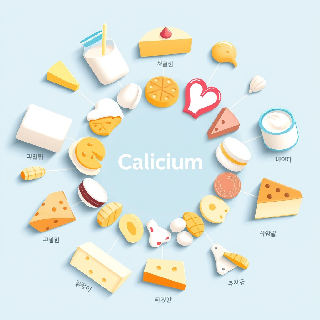 An attractive graphic design featuring dairy products (منتجات الألبان) arranged in a circular layout, with a prominent center highlighting the word 'Calcium' (كالسيوم)