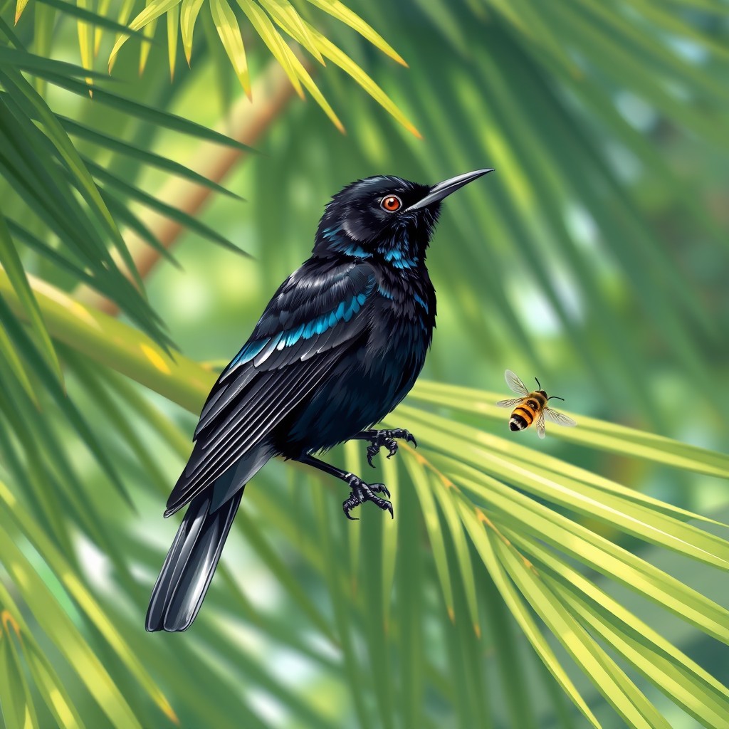 A beautifully detailed illustration of a Black-throated Blue Warbler (Martí) dressed elegantly in black attire, perched on a lush green palm tree