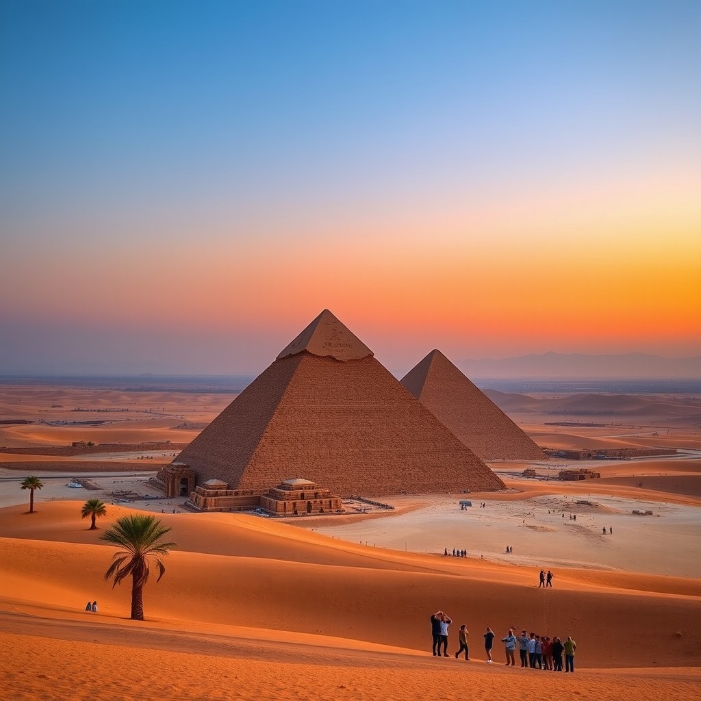 A stunning view of the Pyramids of Egypt at sunset, showcasing the Great Pyramid of Giza in the foreground with a clear blue sky transitioning to warm orange and purple tones