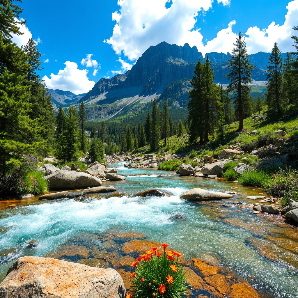 A picturesque mountain stream flowing through a serene valley in the Sierra mountains