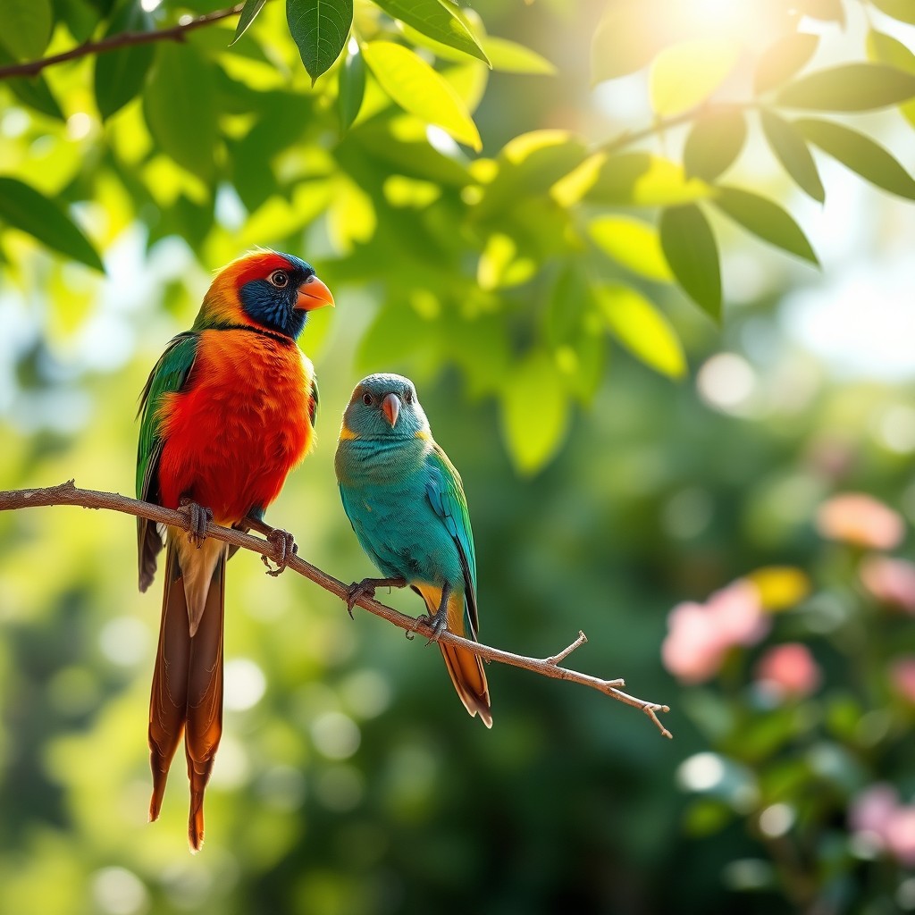 A serene scene featuring two colorful birds perched on a delicate branch of a lush green tree