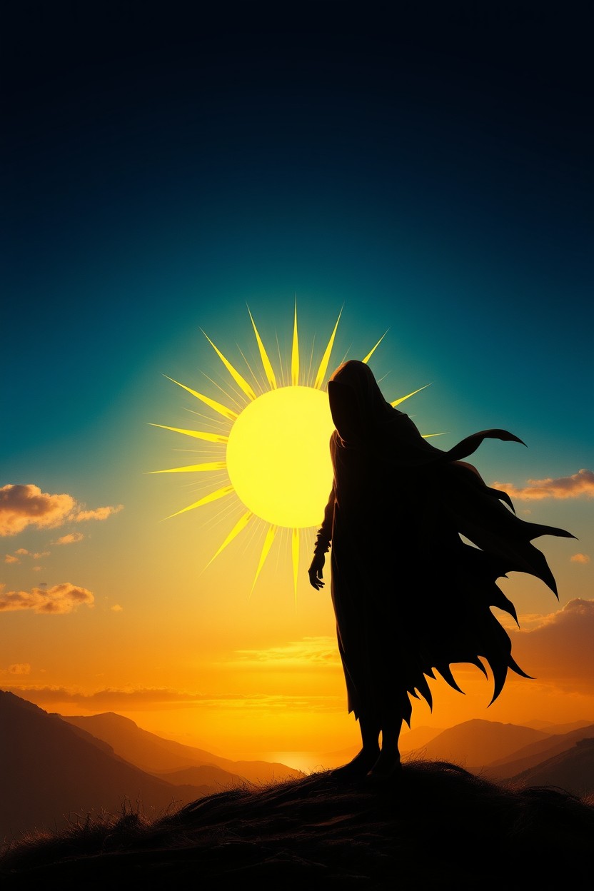 An imaginative interpretation of 'Sun and Grim' inspired by Nicolás Canto, featuring a contrasting scene of a bright, radiant sun against a dark, shadowy figure representing Grim