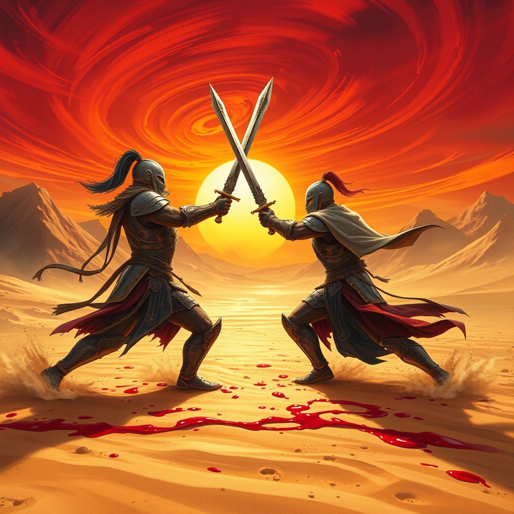 A fierce and dramatic scene set in a vast desert landscape, where two warriors engage in an epic duel