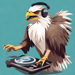 Anthropomorphic Philippine Eagle styled as a DJ, passionately spinning records at a turntable.