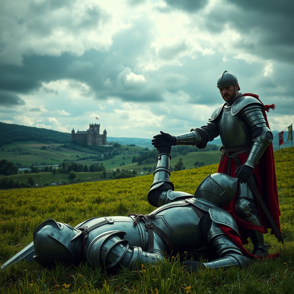 An epic medieval scene set in a lush green field where one knight extends his hand to grasp the hand of his fallen comrade, who lies on the ground in full armor