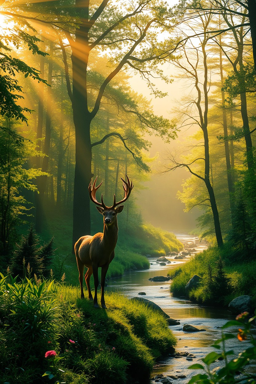 An ethereal forest scene bathed in soft golden sunlight filtering through the treetops, creating delicate patterns on the forest floor