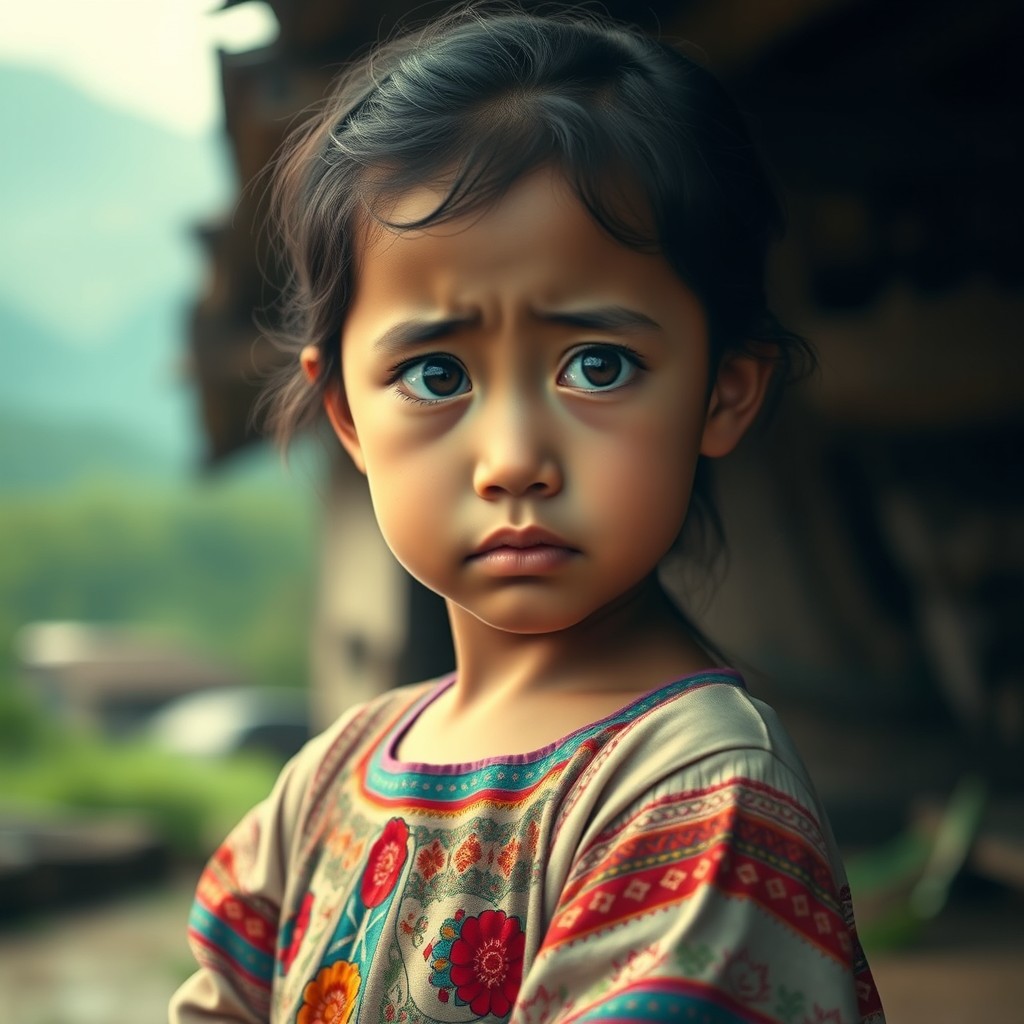 A young girl from Guatemala, depicted with a look of deep sadness in her large, expressive eyes