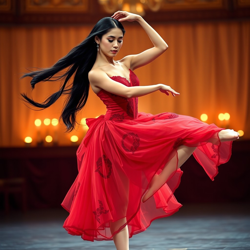 A Spanish ballerina with long, flowing black hair, adorned in a stunning, elegant red dress that beautifully accentuates her graceful movements
