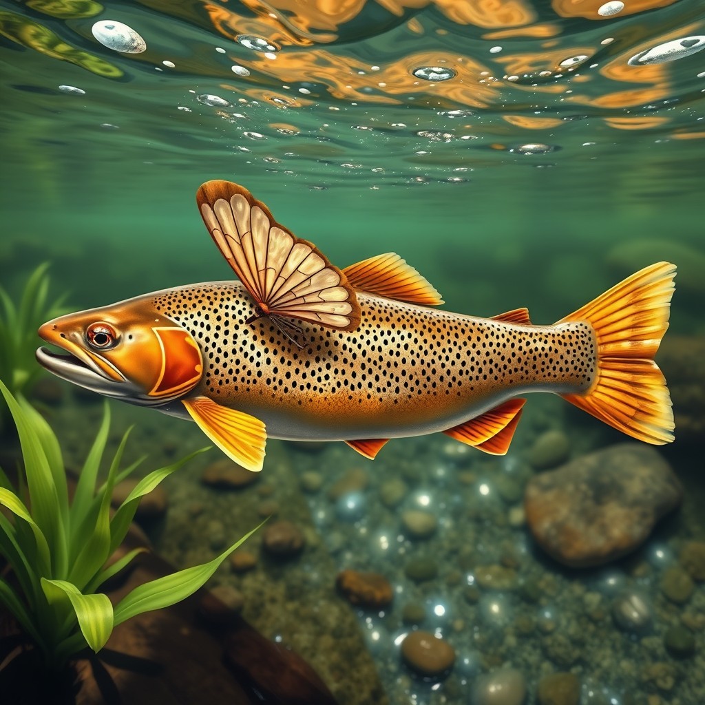 A beautifully rendered brown trout with intricate, colorful fly wings resembling those of a dragonfly or butterfly, the fish's scales glistening in hues of brown and gold, swimming gracefully in a crystal-clear river with reflections of sunlight dancing on the surface, surrounded by lush green aquatic plants and a few pebbles on the riverbed, capturing the serenity of nature's underwater world