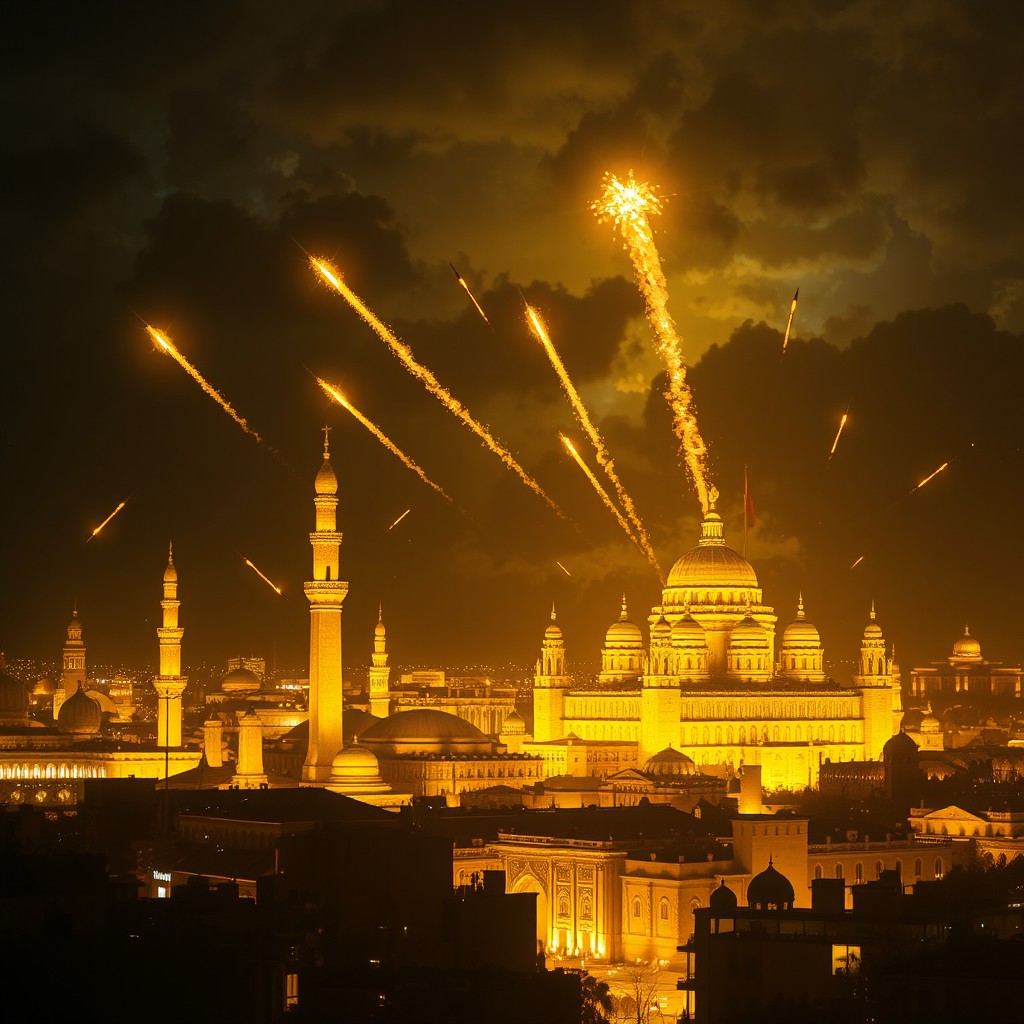 A dramatic and intense scene depicting a golden city under the cover of night, vividly illuminated by the glow of the city's buildings made of shimmering gold