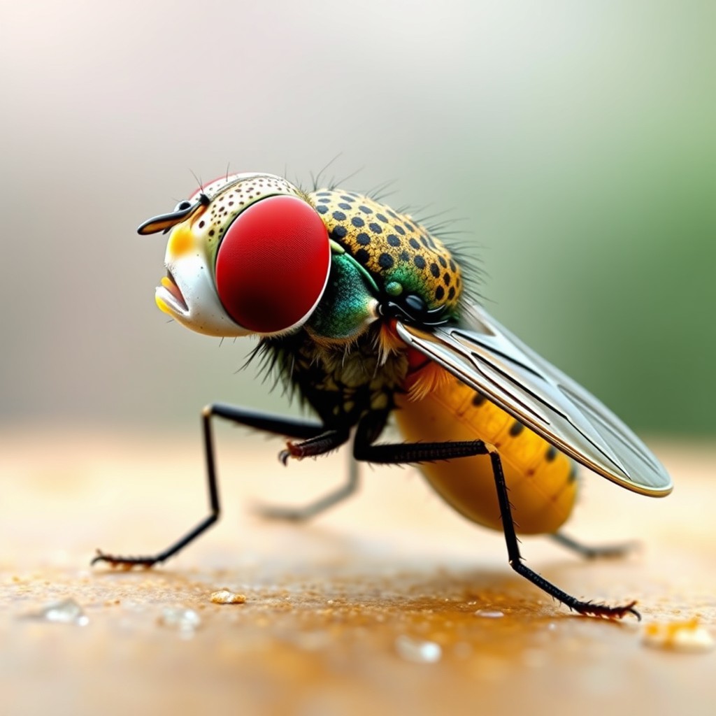 A whimsical and surreal image of a house fly with a detailed brown trout head