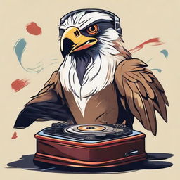 Anthropomorphic Philippine Eagle styled as a DJ, passionately spinning records at a turntable.