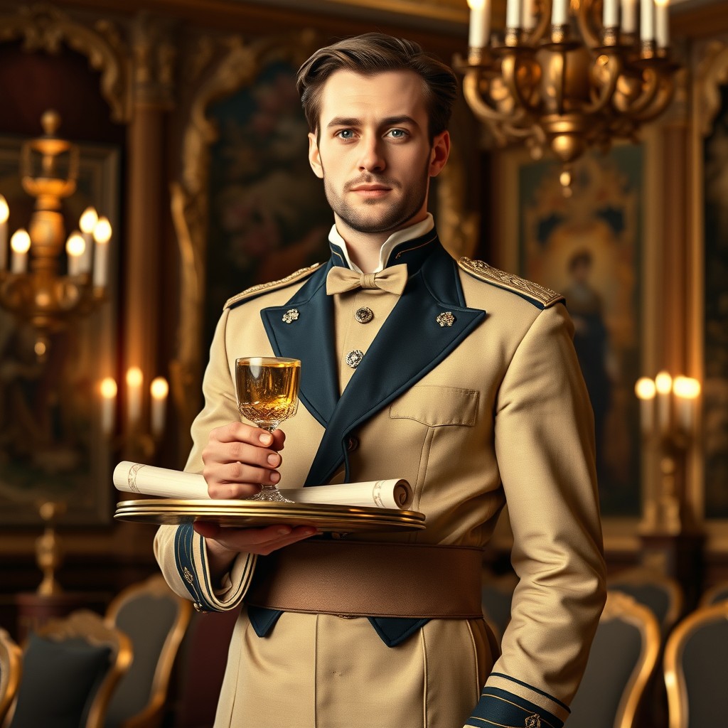 A loyal page or steward in a regal setting, dressed in elegant attire that reflects his esteemed position