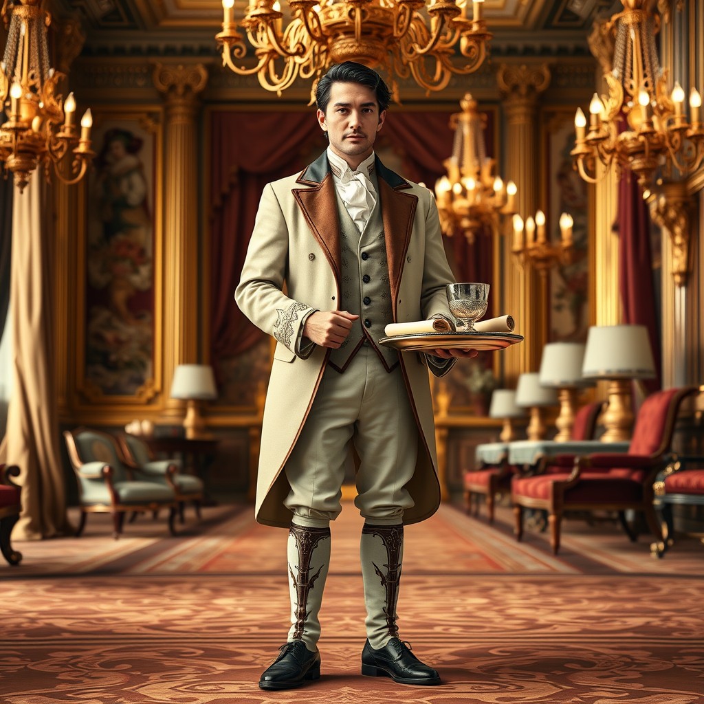 A loyal page or steward in a luxurious setting, dressed in a finely crafted, elegant outfit befitting his noble role