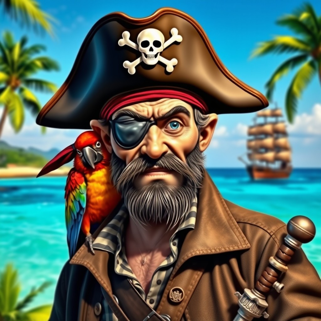 A fierce and adventurous pirate with a rugged appearance, wearing a classic pirate hat adorned with a skull and crossbones
