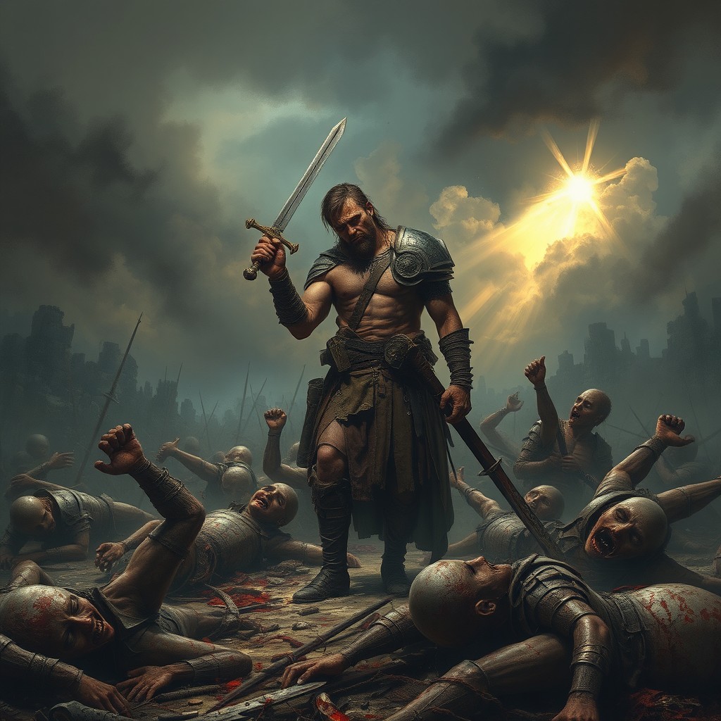 A powerful and graphic depiction of a weary warrior on the brink of death, standing amidst a chaotic battlefield cluttered with mangled and severed corpses