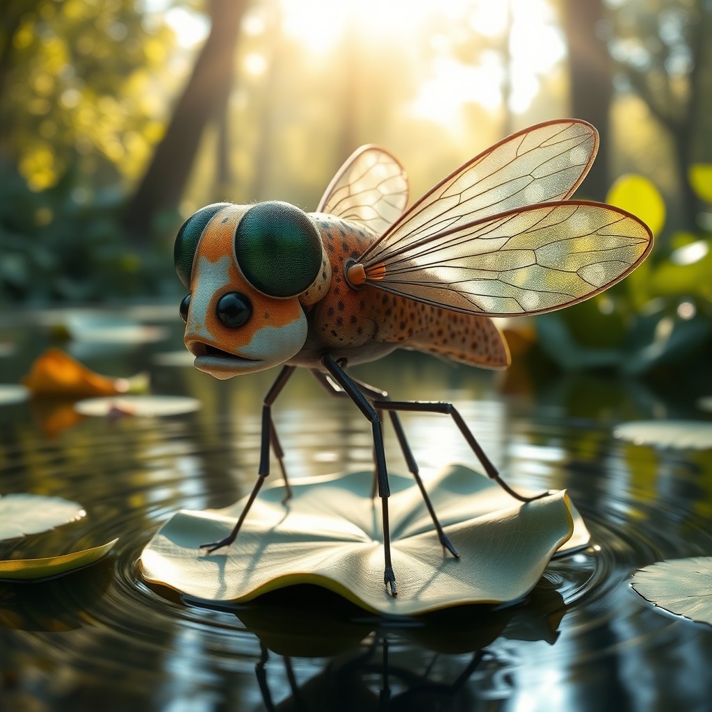 A whimsical and imaginative hybrid creature that combines features of a brown trout and a house fly