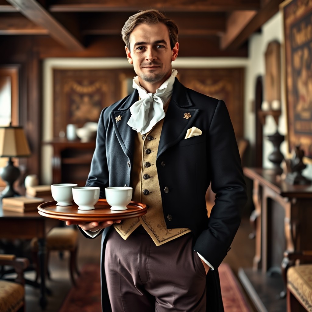 A loyal page or steward in a colonial setting, dressed in a traditional colonial outfit characterized by a finely tailored frock coat with intricate details, high-waisted trousers, and a crisp white cravat