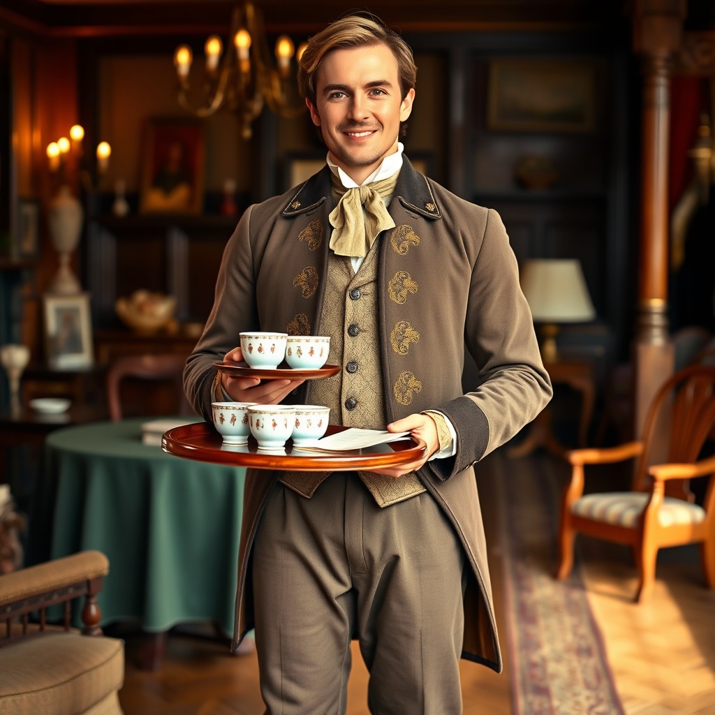 A loyal page or steward in a colonial setting, featuring traditional colonial attire